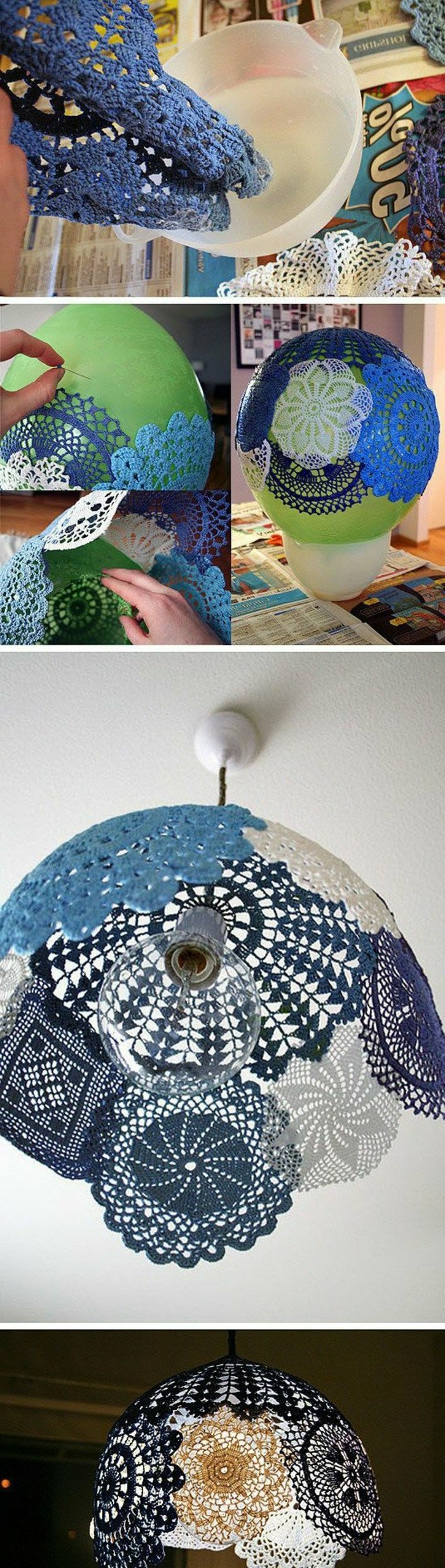 eine Idee für DIY Lampenschirm aus gefärbter Spitze, ein grüner Ballon, eine Schüssel mit Klebstoff