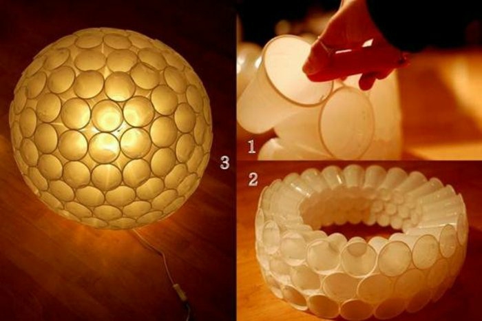 ein Lampenschirm mit ganz einfachem Design aus Plastikbechern in weißer Farbe, Kugelform