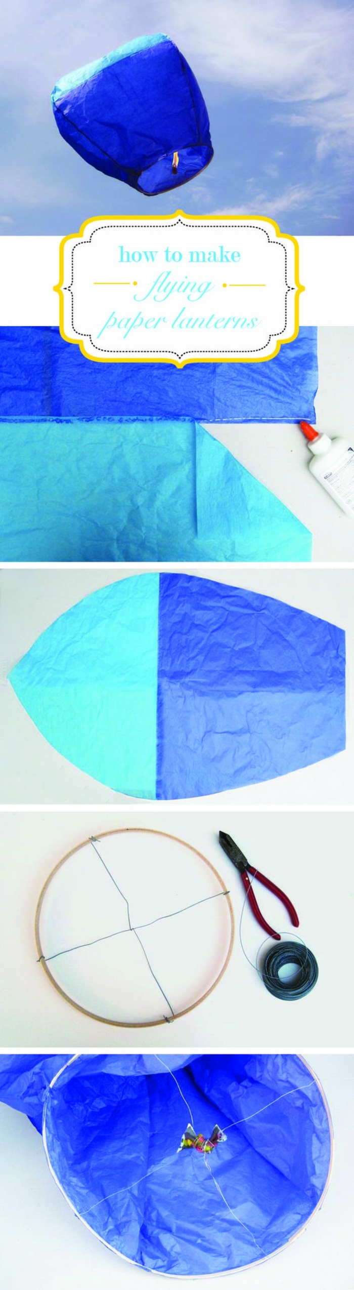fliegende laterne selber basteln aus blauem papier, zange, faden