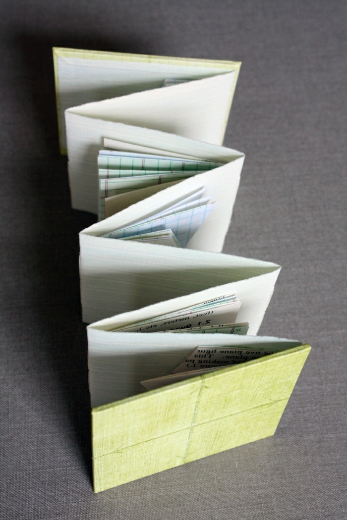 Flyer falten indem kleinere Papiere dazwischen stecken - grüner Umschlag