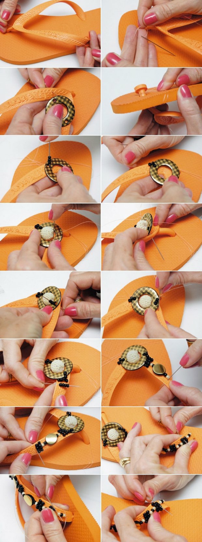 orange Flip Flops mit Glasperlen nähen zu verzieren und bequemer zu machen 
