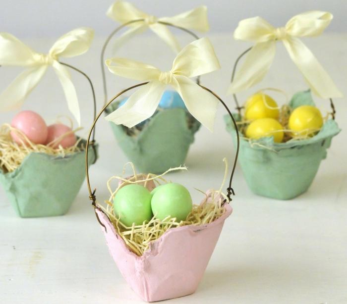 lustiges Eierkarton basteln, Körbchen mit bunte Eier in grün, gelb, blau und rosa