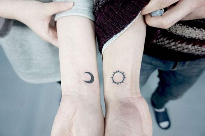 tattoo ideen fuer partner, mond und sonne, kleine arm tattoos, liebesbeweis