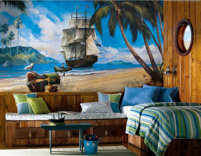 Wandgestaltung Kinderzimmer mit Fototapete mit Schiff der Schatz gefunden hat