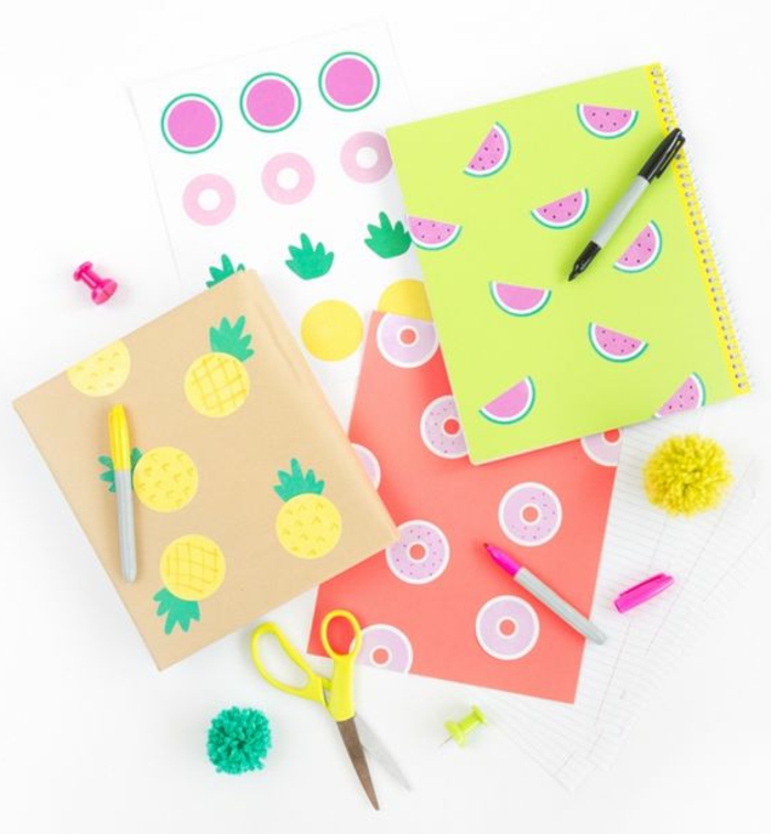 mit Stifte und Aufkleber süße Schulsachen kreieren - mit Ananas, Donuts und Wassermelone
