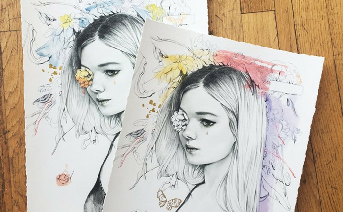Kunst und Prints verkaufen - zwei Bilder von einem blonden Mädchen, gedruckt in verschiedenen Farben