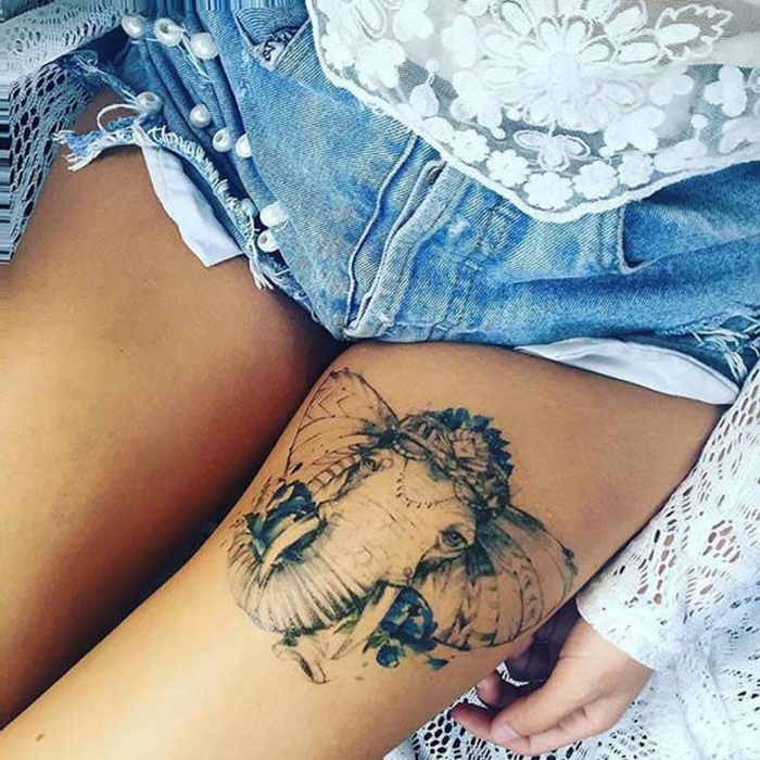 tattoo am oberschenkel, bein tattoos, elefant, tattoos fuer frauen, weiblich