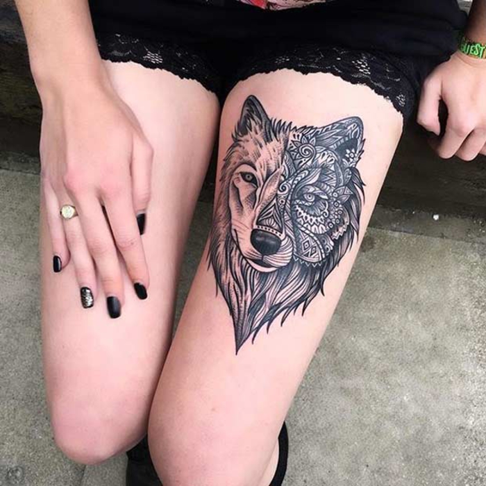 tattoo am oberschenkel, wolf, bein tattoo, tattoo-ideen fuer frauen