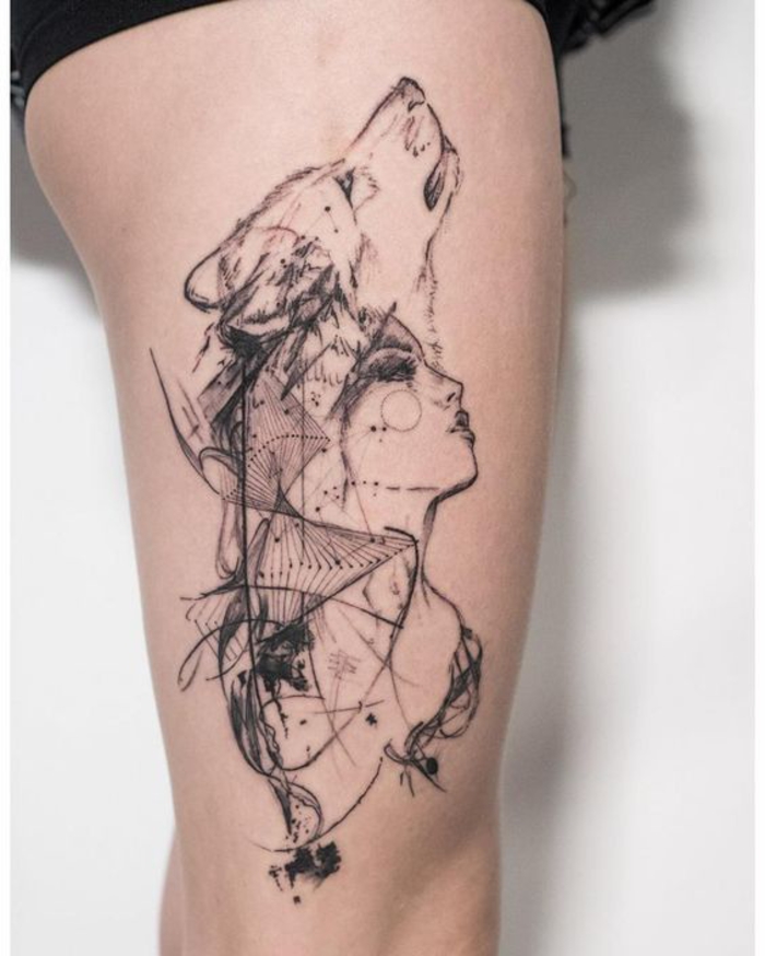 tattoo am oberschenkel, wolf, frau, bein tattoo, tattoo-ideen