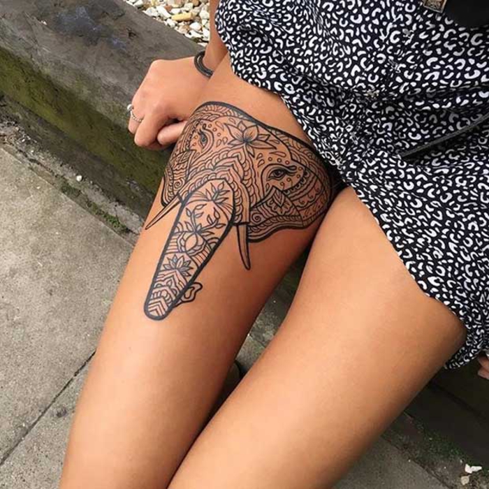 tattoo am oberschenkel, elefant, bein tattoo, tattoo motive fuer frauen