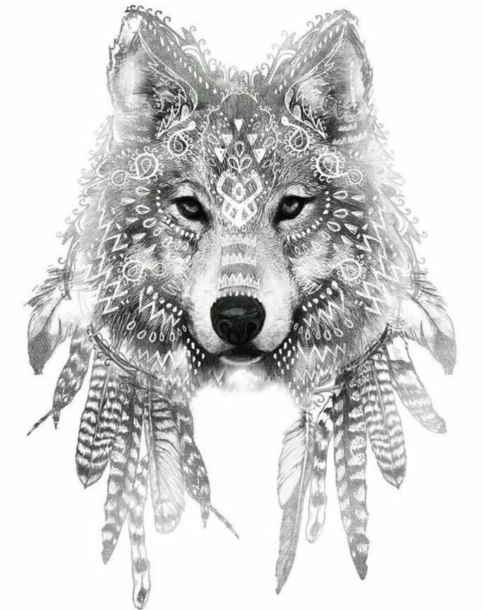 noch ein märchengafter wolf mit vogelfedern - eine tolle idee für einen tattoo wolf 