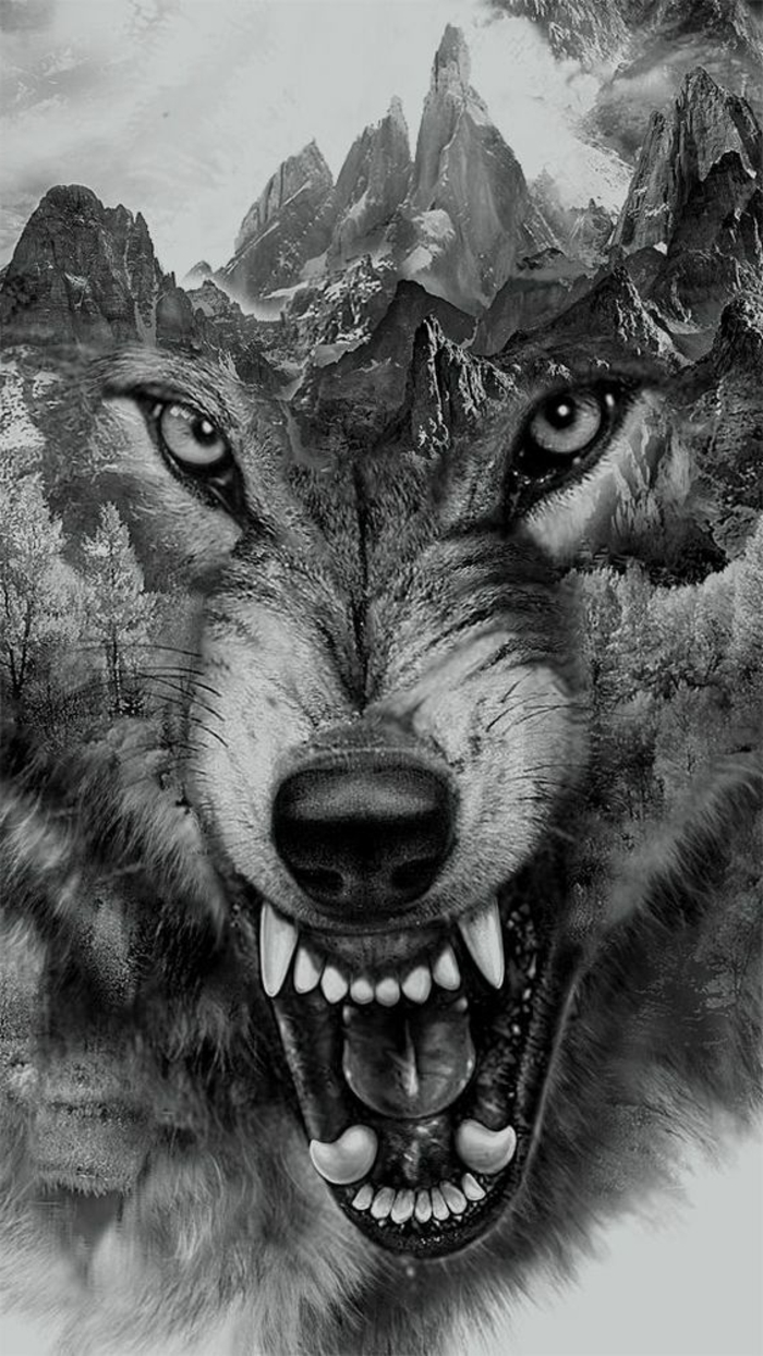 inspirierende bilder - eine tolle idee für einen einen wolf tattoo - hier ist ein wütender und zähnefletschender wolf und berge 