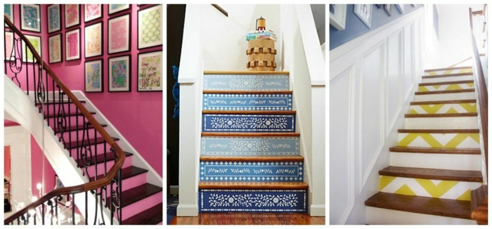 drei Farbe von Treppenhaus Gestaltung - rosa, blau und grün in verschiedenen Formen