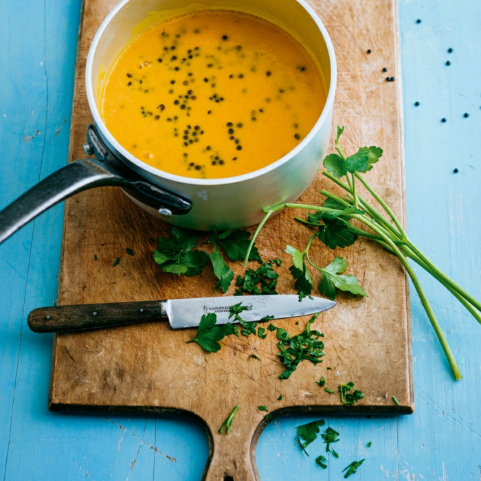 vegetarisch kochen kürbis suppe idee zum gestalten suppe mit chia samen und sesam schwarz petersilie