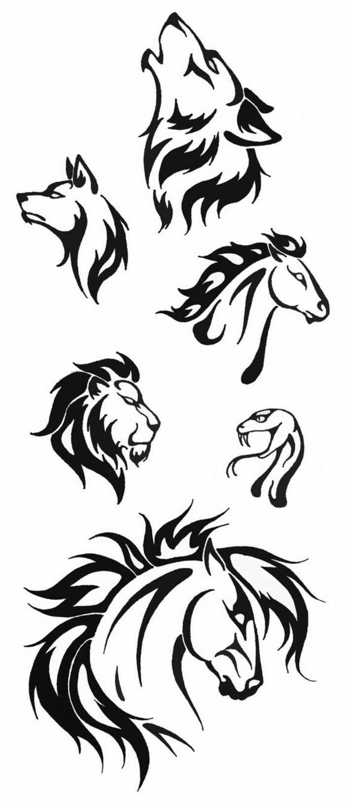 hier zeigen wir ihnen verschiedene ideen für schwarze tattoos - wölfe, löwe, zwei pferde, und eine schlange 