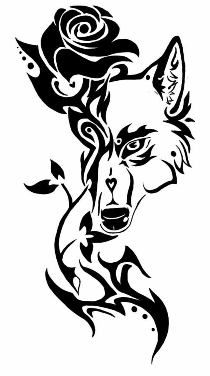 hier ist eine schwarze rose und ein schwarzer wolf - idee für einen wolf tattoo 