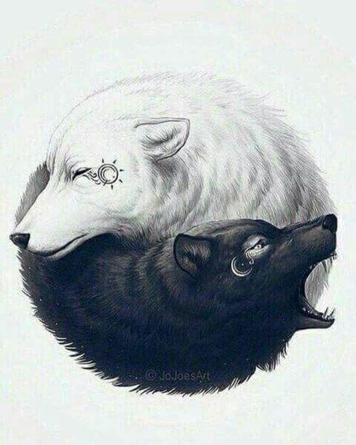 ein weißer und ein schwarzer wolf, die sich umarmen - noch eine idee für einen tollen wolf tattoo