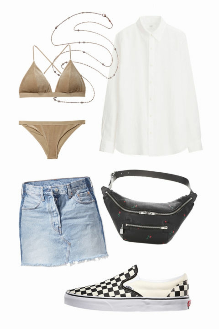 Strandoutfit für Frauen, weißes Seidenhemd, Samt-Bikini, schwarze Taille-Tasche, Denim-Rock, Bauchkette