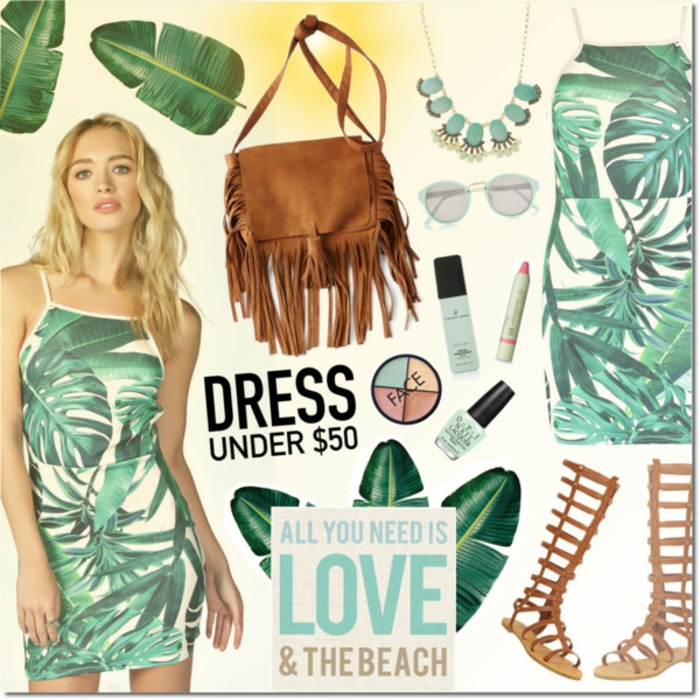 Strandmode Damen, Kleid mit grünem Blätter-Print, Römer Sandalen in Braun, Velourstasche für Frauen