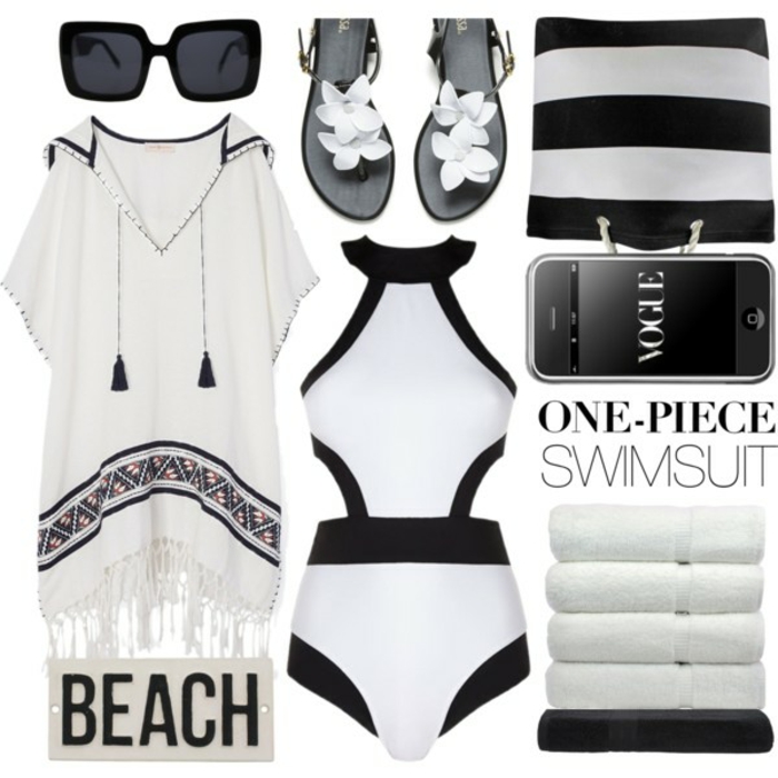 Strandmode Damen, weiße Tunika mit Troddeln und einer Kaputze, Schwimmanzug-Einzelstück, Tasche mit weißen Streifen
