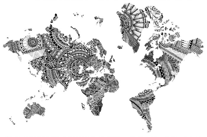 schwarz-weiße Weltkarte aus kleinen Mandalas, die Kontinente, alle Meeren und Ozeane in der Welt