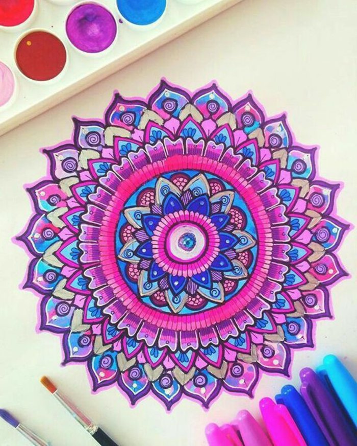 Zeichnung mit Wasserfarben und Farbstiften, weißer Hintergrund, zwei Pinsel mit Echthaar