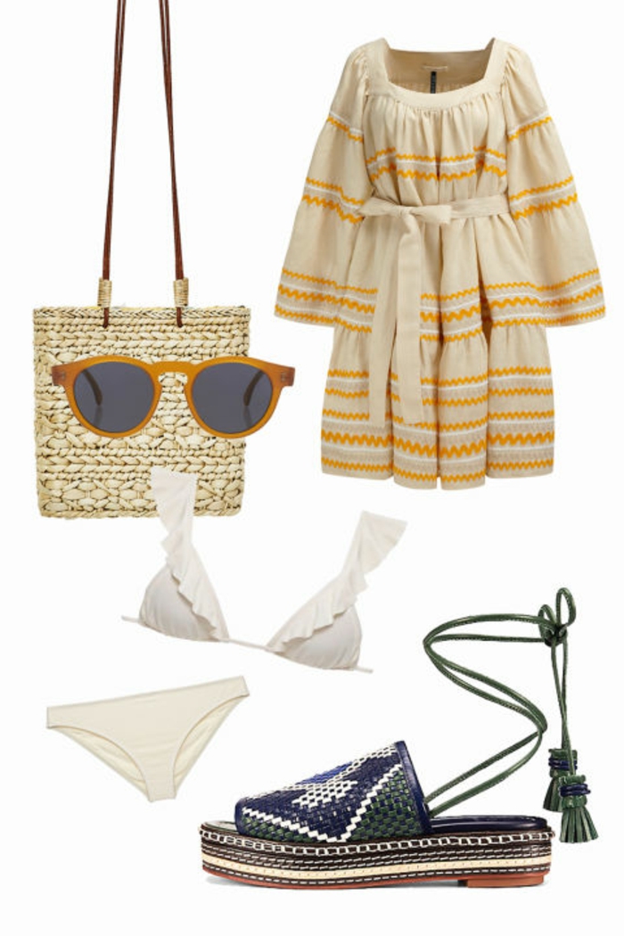 Strandoutfit, Flechttasche, Kleid in Beige mit Streifenmuster, Gürtel, weiße Bikini, Plattform-Schuhe