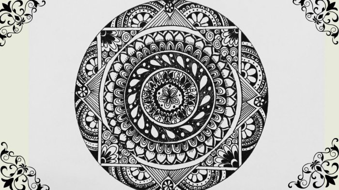 Mandala Vorlagen zum Ausmalen mit komplizierten Details, vilen Kreisen und Quadraten, Blumenmotive