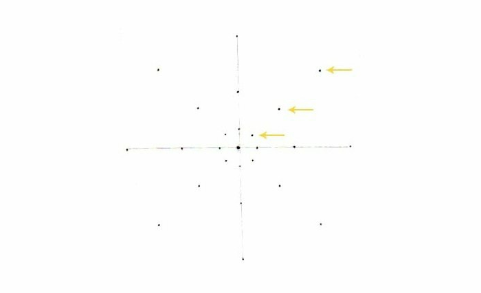 Mandala malen, Punkte mit vertikalen und horizontalen Linien verbinden, Punkte diagonal zeichnen, gelbe Pfeile