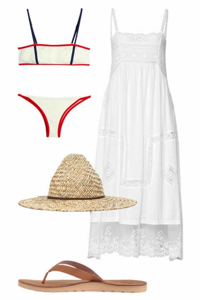 Strandoutfit, weißes Spitzenkleid mit Trägern, braune Leder-Flip-Flops, Strohhut für Damen, sportliche Bikini