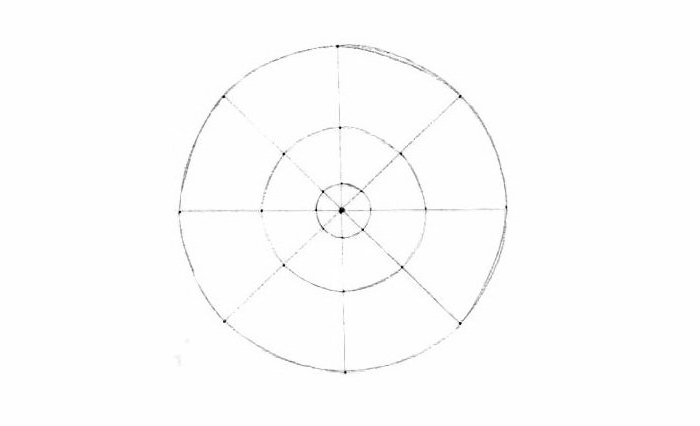 Mandala malen, Grundlinien, drei Kreise mit unterschiedlicher Größe, gerade Linien, Punkte