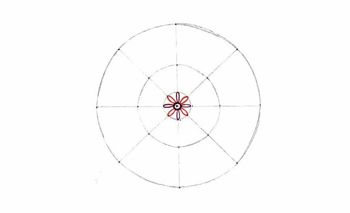 Mandala malen, Basis, Grundlage, Kreise, verbindende Linien, Punkte, kleine Details in rot und lila