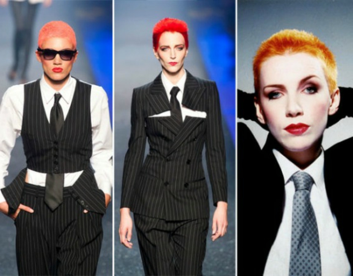 die Lieblings-Modeikonen aus den 80er Jahren, schwarzer Anzug, Anzug mit Streifen, weißes Hemd, Neonhaare