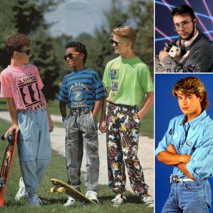 80er Mode für Kinder - bunte Hose mit Print, gewaschene Jeans, Stakebords, Pulli mit Print