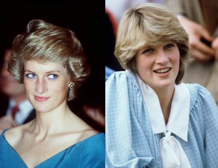 Prinzessin Diana von Wales in blauem Hemd mit Karo-Muster und weißem Band, kurze blonde Haare