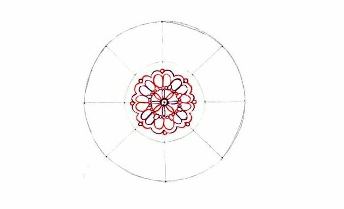 Mandala malen, kreisförmig, Linien radieren, zwei Kreise mit Bleistift malen, Detaile mit Buntstifte malen