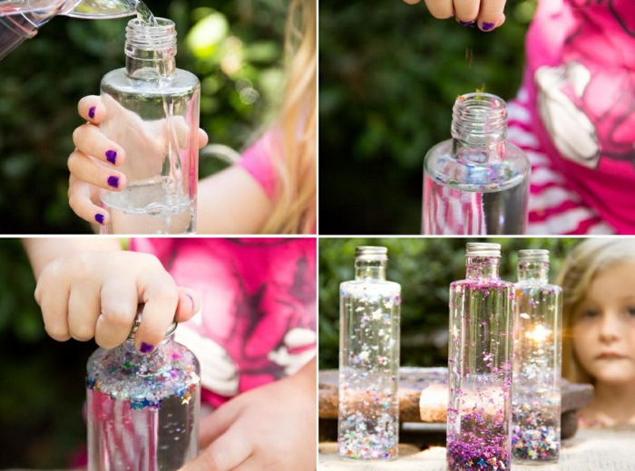 magische flaschen selber machen, wasser, glycerin, konfetti, basteln mit kindern