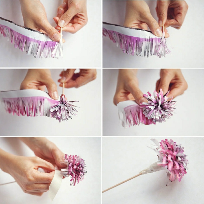 papierblume aus zeitschrift selber machen, holzstäbchen, klebeband