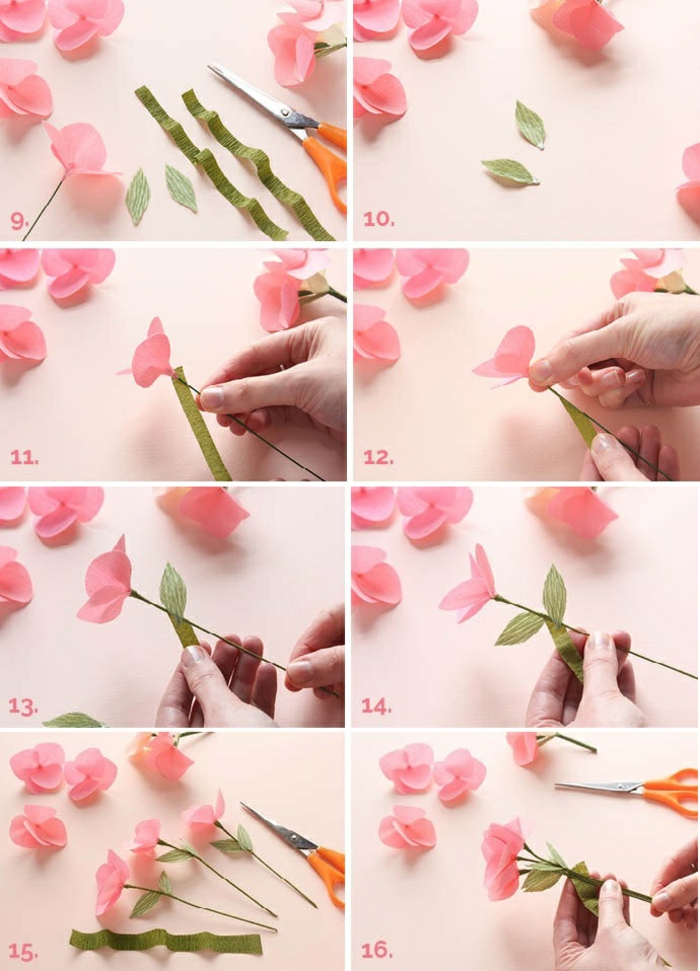 basteln mit krepppapier, rosa papierblume selber machen, schere, blumenblätter