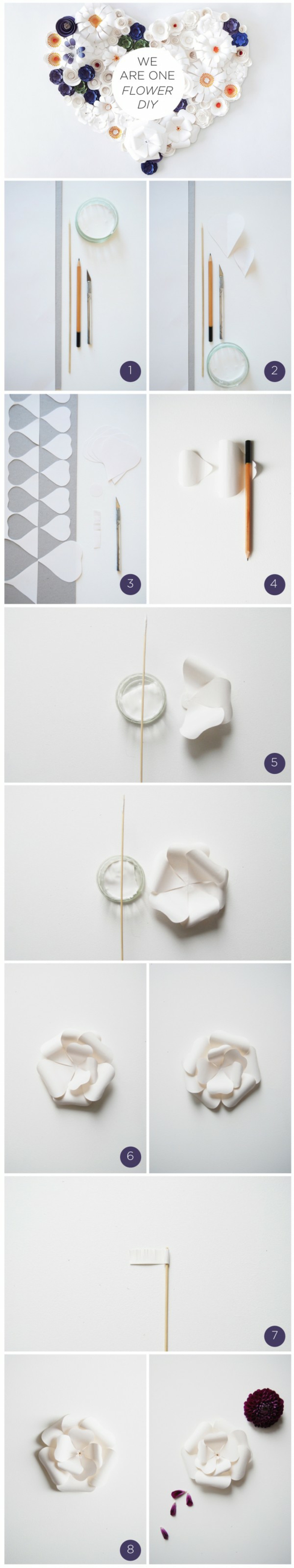 wanddeko selber machen, herz aus papierblumen, weiße blumen aus papier