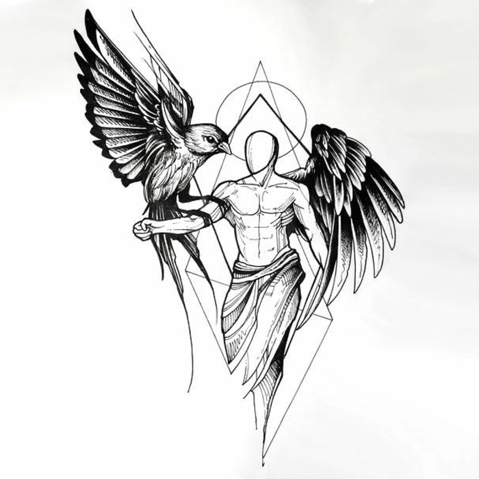 eine unserer lieblingsideen für einen schwarzen engelsflügel tattoo - hier ist ein engel mit schwarzen engelsflügeln und ein vogel mit schwarzen federn 
