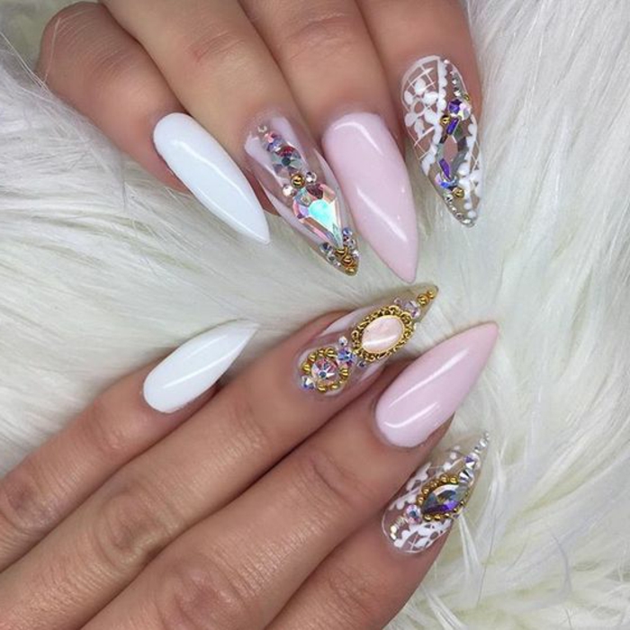 kunstnägel spitz elegante idee extravagant und wunderschön rosa nagel weißer nagel und dekorierte mit steinen