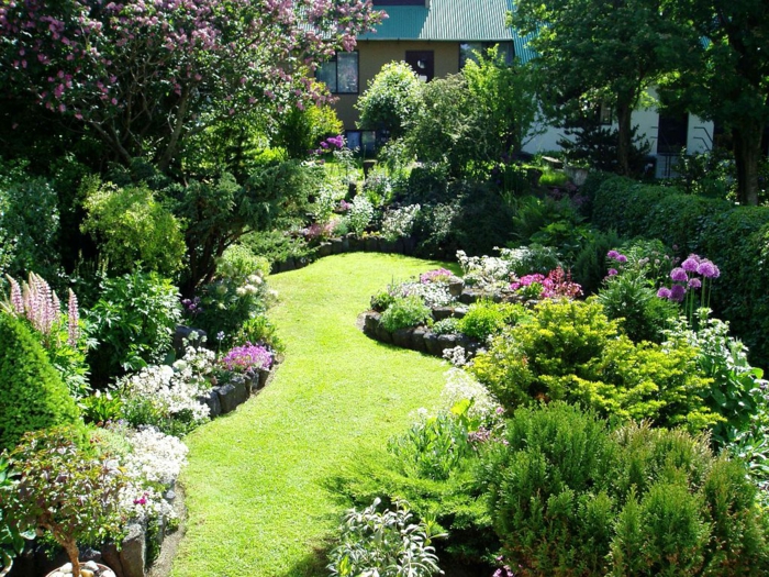Vorgarten pflegeleicht gestalten - englischer Rasen in ausgefallener Form und Blumen darum