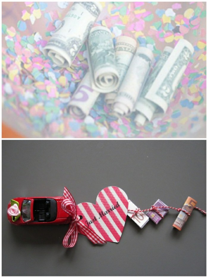 Geldgeschenke basteln, Auto-Spielzeug, Geldscheine mit Faden befestigen, Ideen für Hochzeitsgeschenke