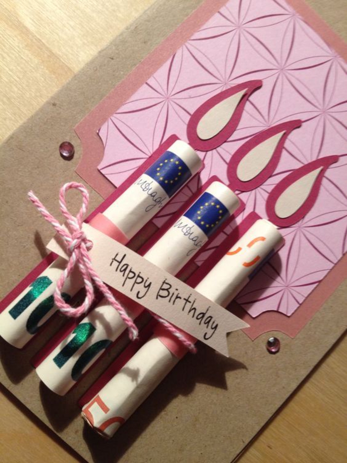 Geburtstagskarte selber basteln, Geldscheine als Kerzen, kreative Idee zum Nachmachen