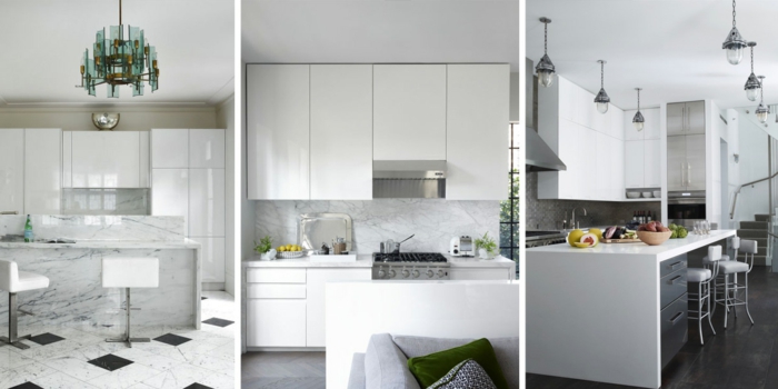 weiße Küche mit Kristallkronleuchter, Marmorküche, Übergang zum Wohnzimmer
