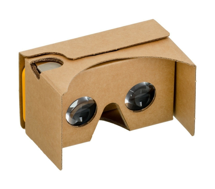 eine tolle idee für vr brille aus pappe mit kleinen okularen und einem orangen smartphone 