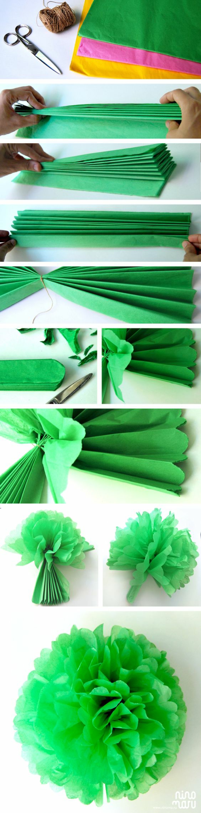 bastelideen mit papier. große blume aus grünem krepppapier falten