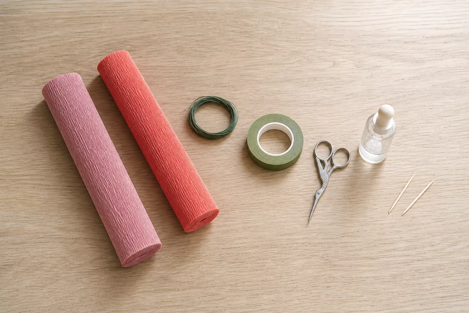 Krepppapier-Rollen, Blumendraht, Schere und Leim von oben