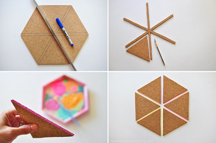 pinnwand selbst bauen, dreiecke aus kork, marker, farbe, pinsel